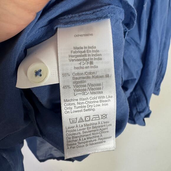 Madewell Balloon Shirred Sleeve Top WMNS S Blue Button Up 3/4 Sleeve Lightweight - Picture 7 of 8